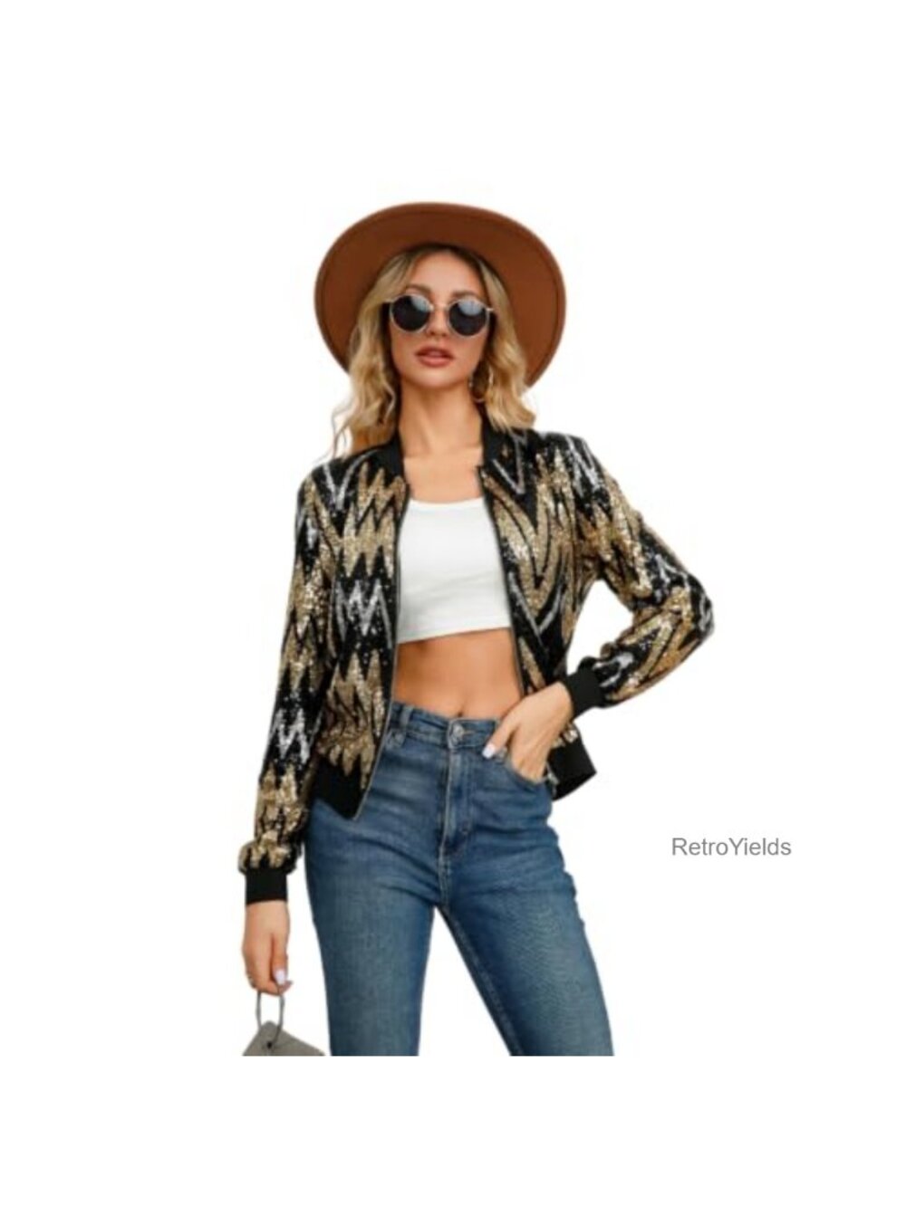 Sequin Zigzag Chevron Bomber Jacket Long Sleeve Zip-Up Party Women's Outerwear